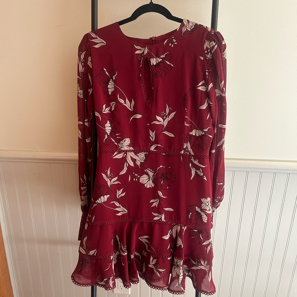 BARDOT DRESS - Long-sleeve, cut-out, SIZE 6/S, MAROON/ RED / FLORAL